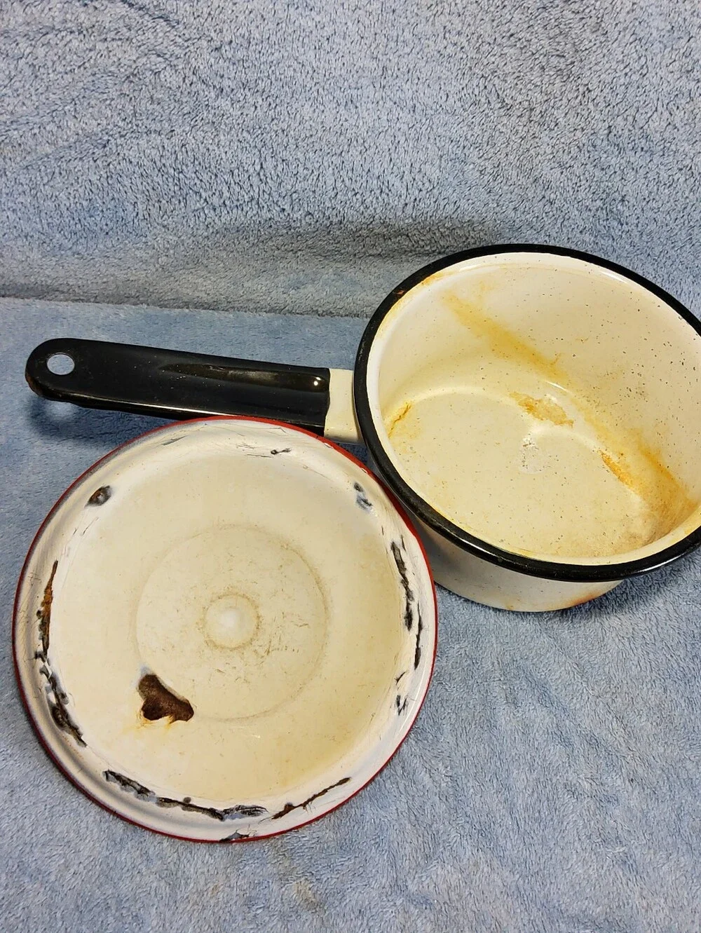 Vintage Enamelware Saucepan Pot With Lid White Black Red Trim Farmhouse Decor